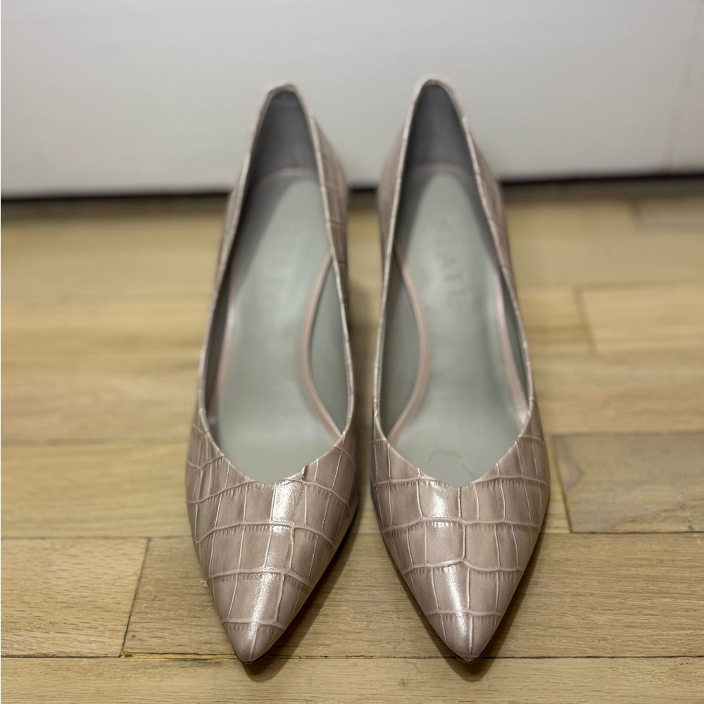 1.State Taupe Croc Embossed Block Heel Pumps | Pointed Toe | Size 7